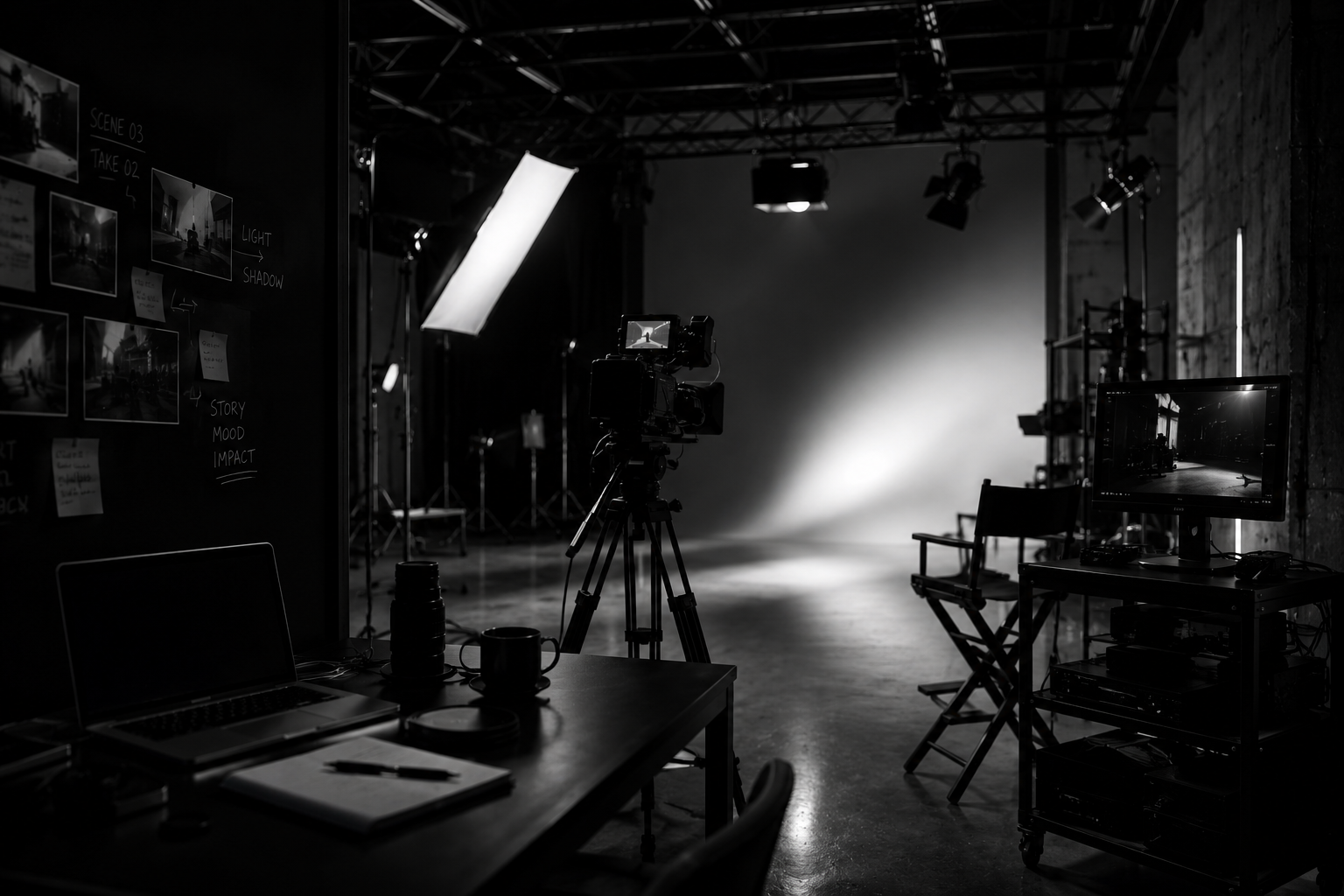 Film studio set with camera, lights and story frames