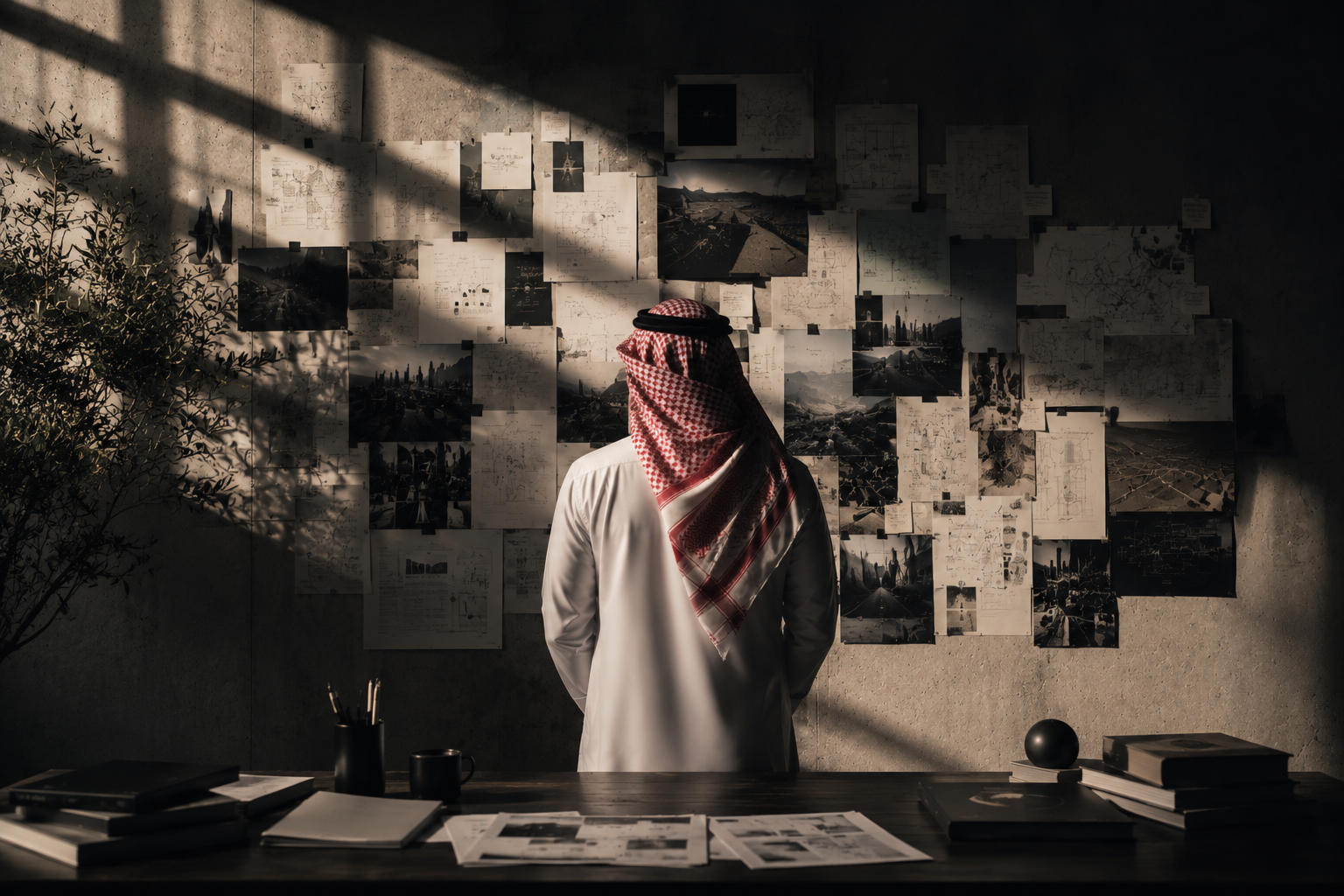 Researcher studying a wall of pinned studies, maps and images